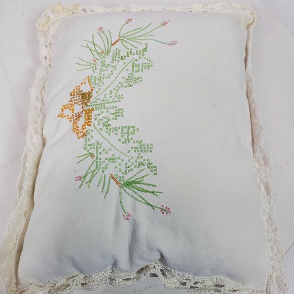 Vintage Hand Crafted Cross Stitch Throw Pillow 10x8 Inch Green Orange Pink - Picture 3 of 3